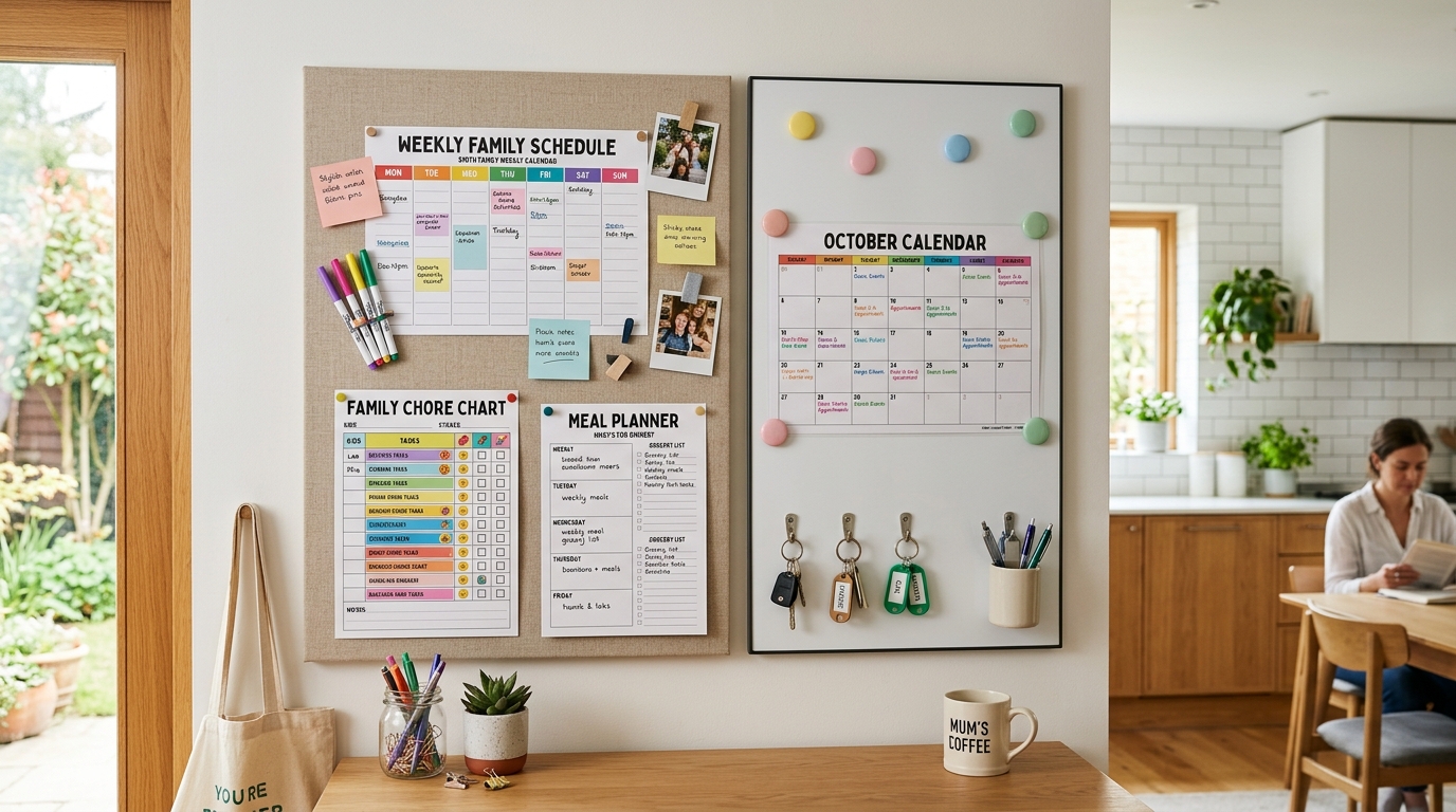 Family command center pinboard and whiteboard with weekly schedule, chore chart, and meal planner in a modern kitchen