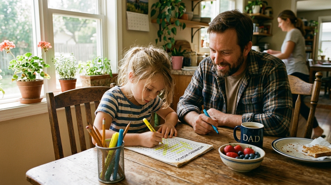 American family gathered at wooden breakfast table working on free printable word search puzzles together
