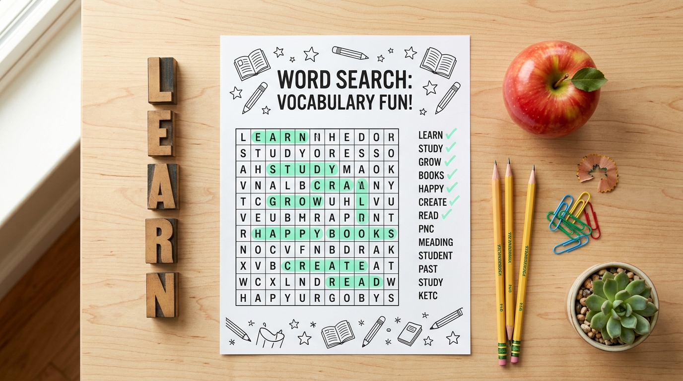 Custom printable word search worksheet on educational desk with wooden letters and highlighters