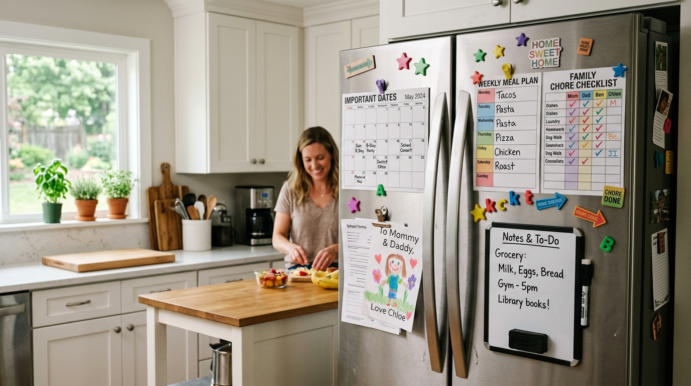 Organized modern American kitchen refrigerator command center with printed meal planners and family chore charts
