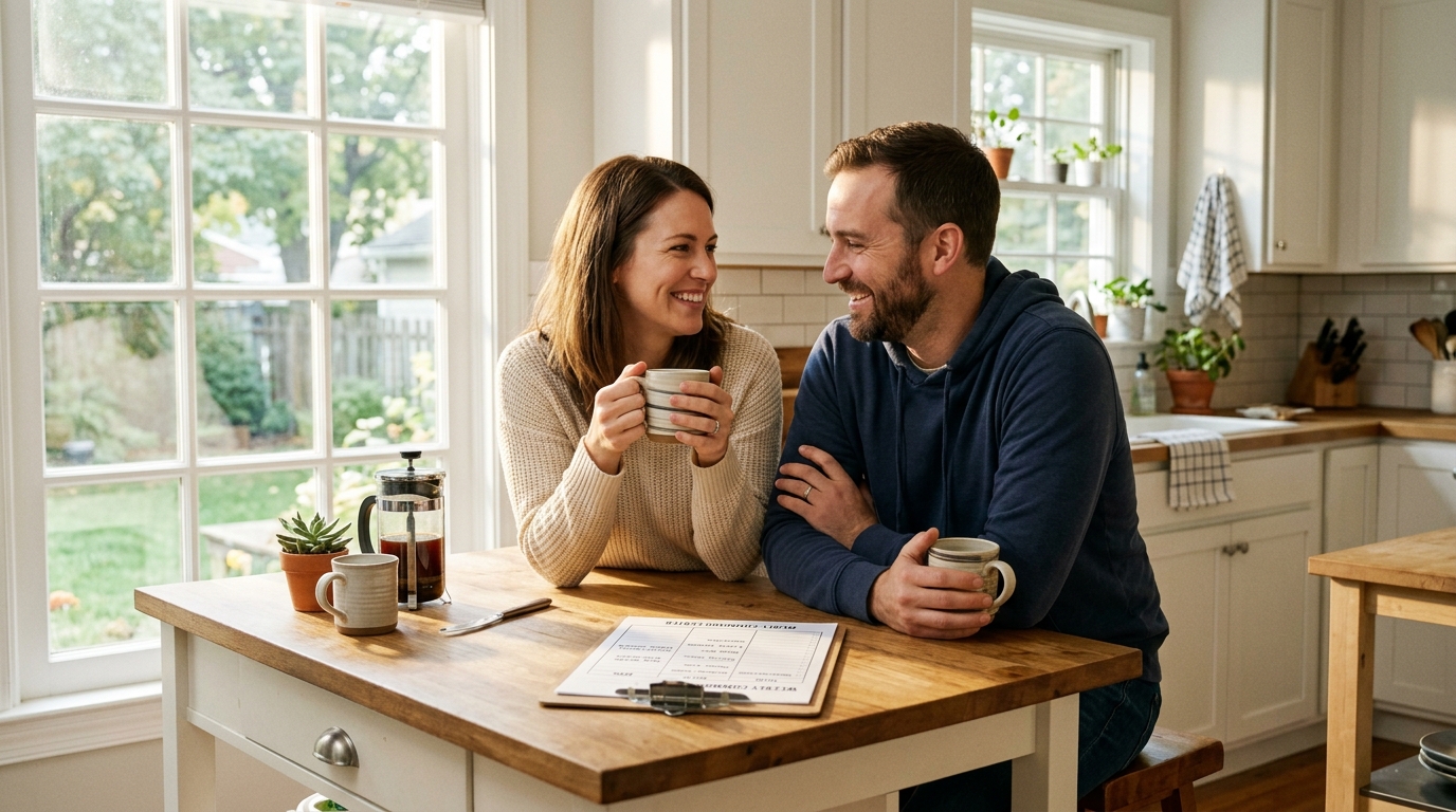 Modern American couple smiling over morning coffee at wooden kitchen counter with family printable command center planner