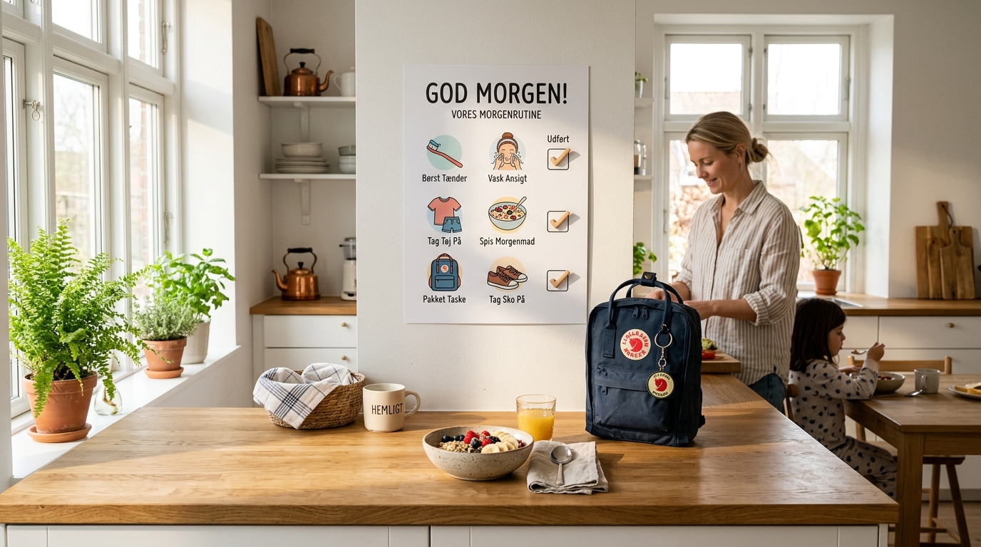 Visual morning routine chart setup for kids with ADHD in a sunlit Scandinavian family home