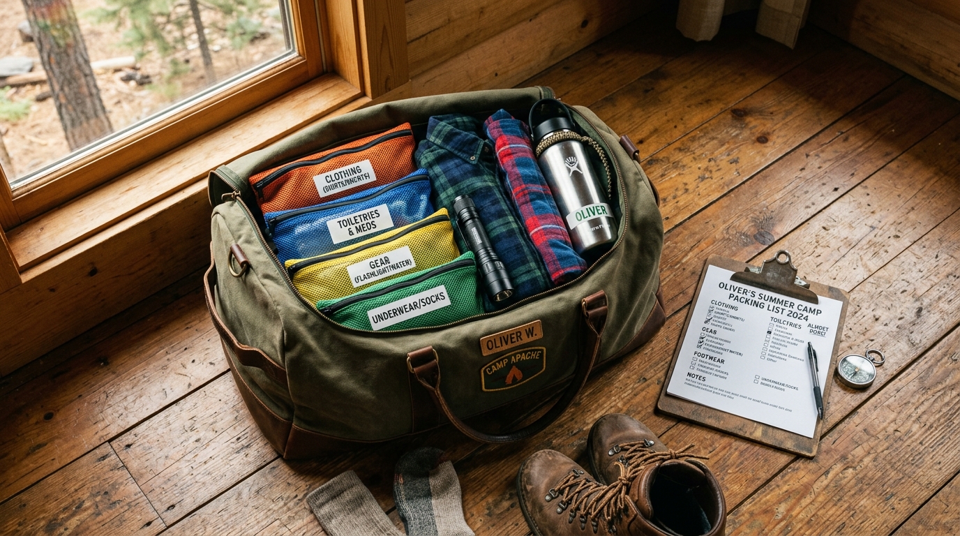 Summer sleepaway camp packing preparation with canvas duffel bag, color-coded pouches, and printed checklist