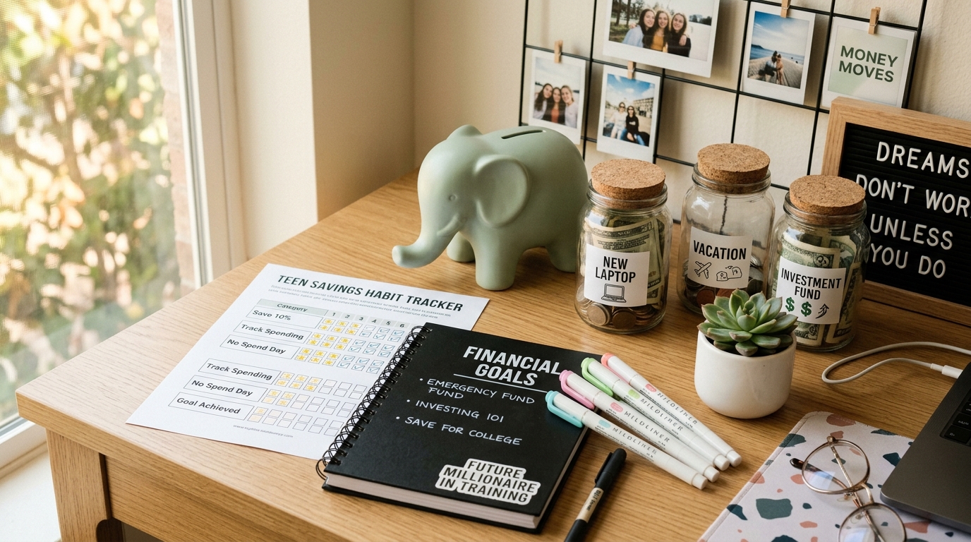 Teen savings habit tracker worksheet, savings jars, piggy bank, and financial planning stationery on a modern desk