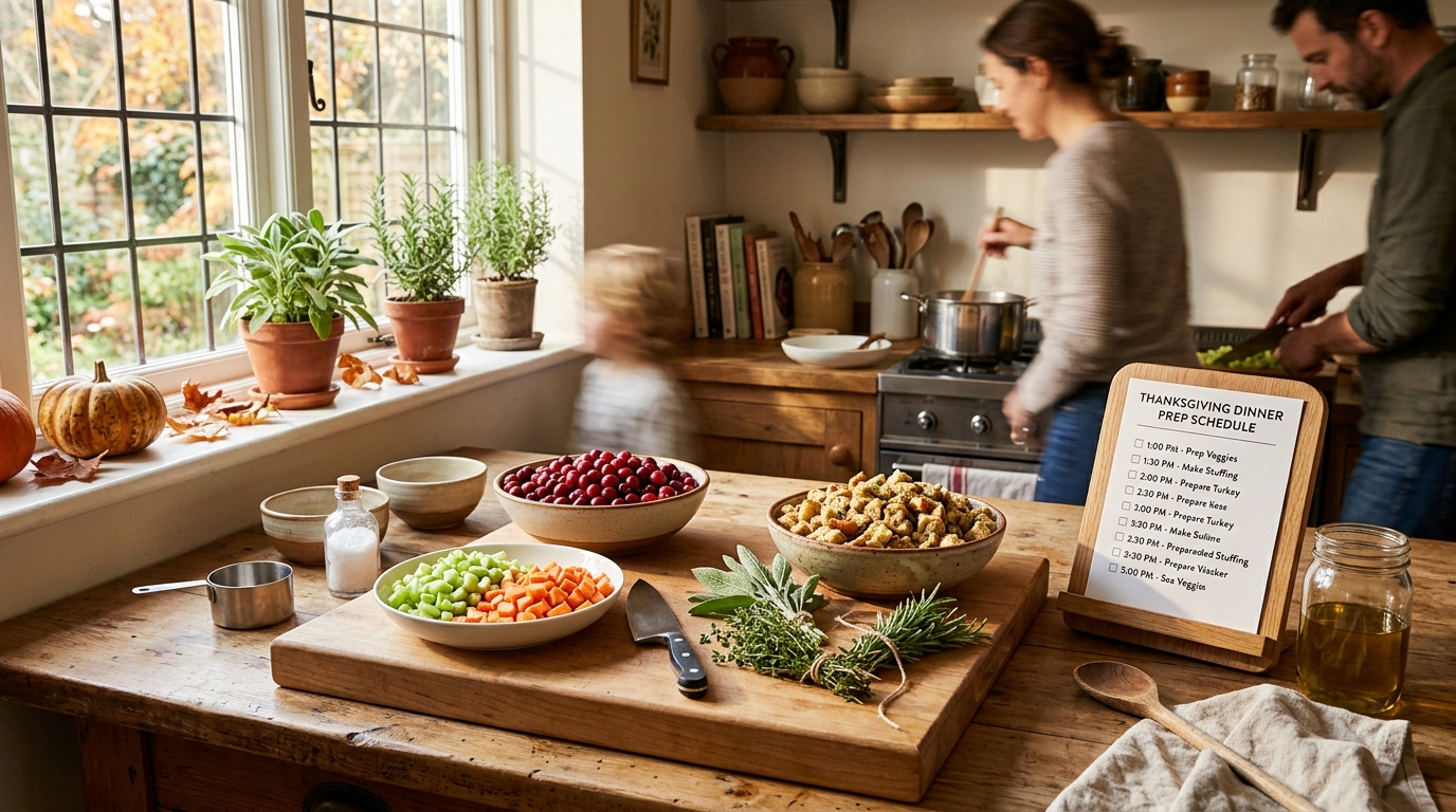 Thanksgiving kitchen prep counter with fresh roasting herbs, vegetables, roasting pan, and printed cooking schedule on clipboard