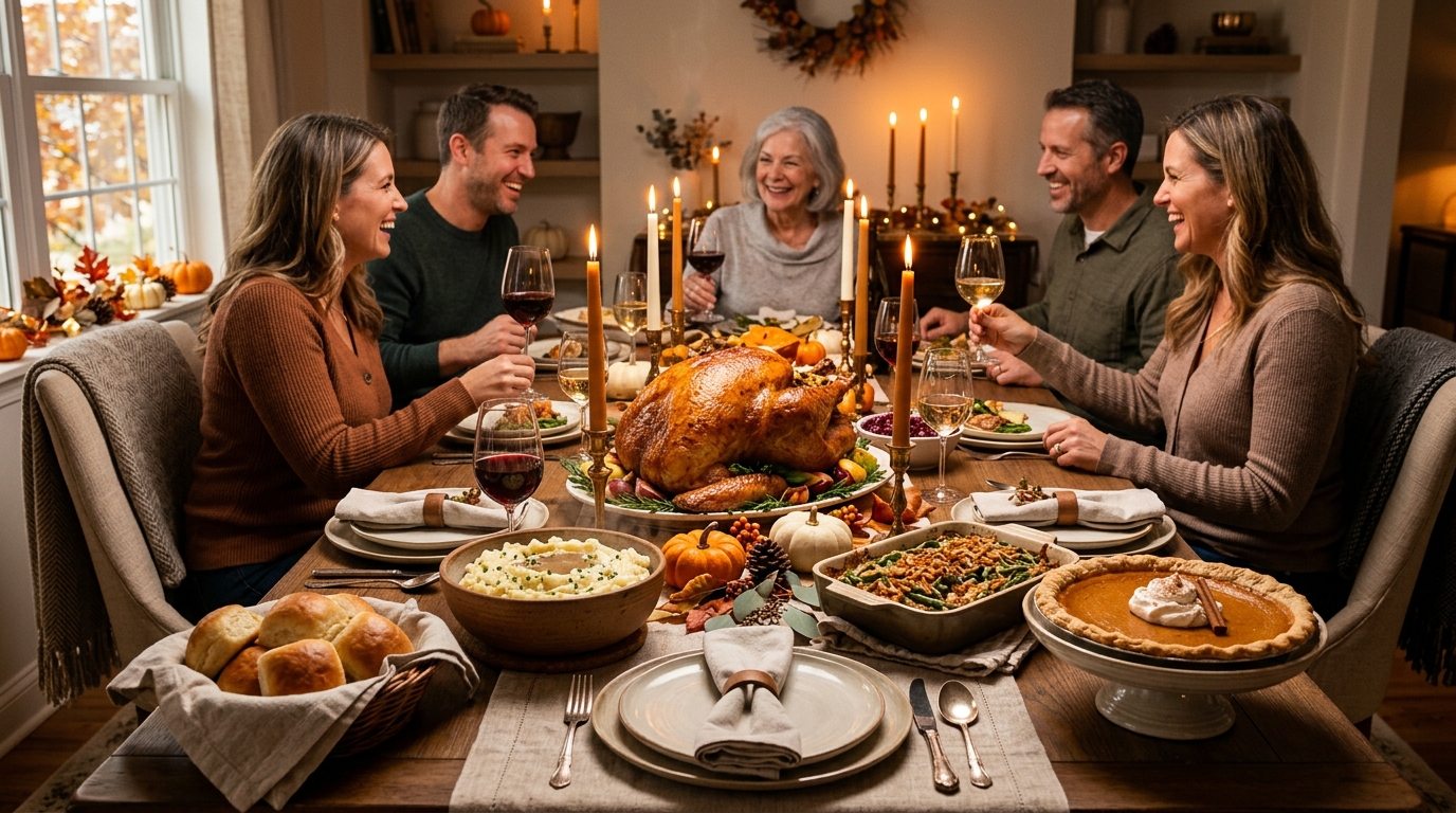 Warm Thanksgiving family feast table beautifully set with golden roasted turkey, mashed potatoes, cranberry sauce, dinner rolls, and place cards