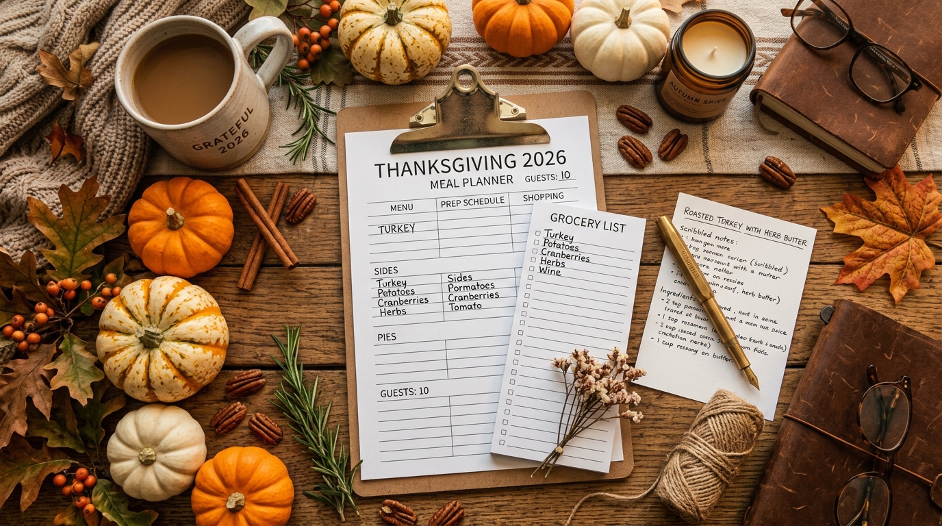 Thanksgiving 2026 printable meal planner and cooking schedule on wooden dining table with roasted turkey, festive pumpkins, and family place settings